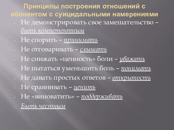 Принципы построения отношений с абонентом с суицидальными намерениями Не демонстрировать свое замешательство