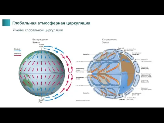 Глобальная атмосферная циркуляция Ячейки глобальной циркуляции Без вращения Земли С вращением Земли