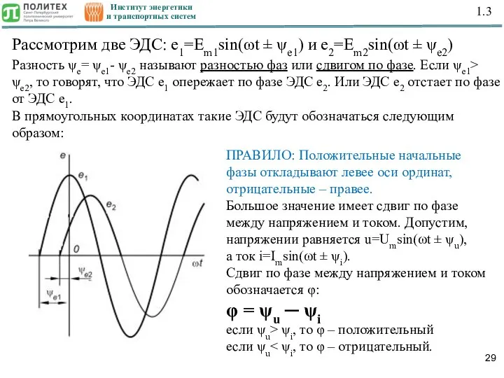 Институт энергетики и транспортных систем 1.3 Рассмотрим две ЭДС: e1=Em1sin(ωt ± ψe1)