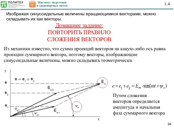 Институт энергетики и транспортных систем 1.4 Изображая синусоидальные величины вращающимися векторами, можно