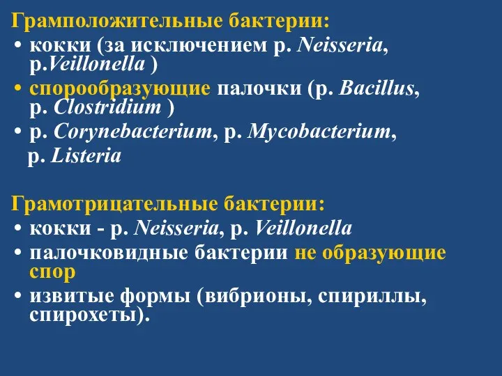 Грамположительные бактерии: кокки (за исключением р. Neisseria, р.Veillonella ) спорообразующие палочки (р.