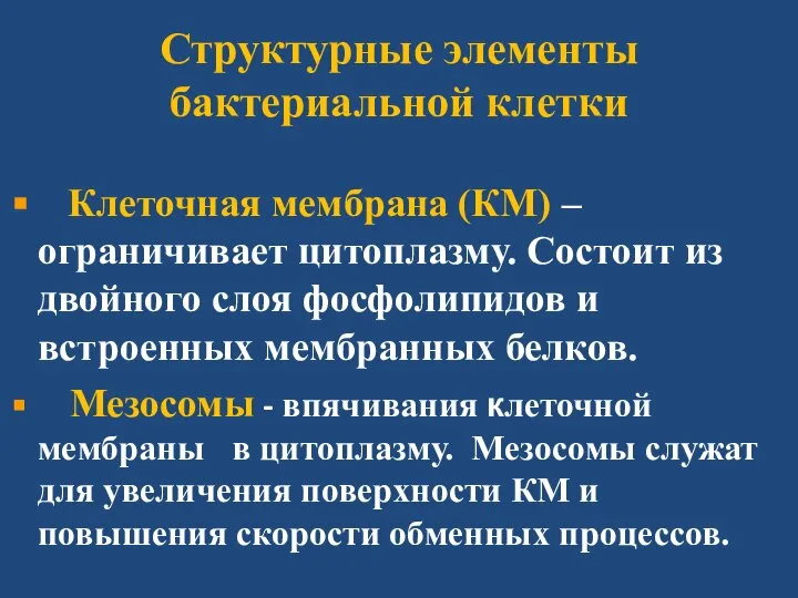 Структурные элементы бактериальной клетки Клеточная мембрана (КМ) – ограничивает цитоплазму. Состоит из