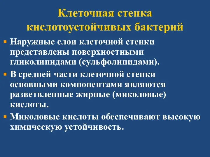 Клеточная стенка кислотоустойчивых бактерий Наружные слои клеточной стенки представлены поверхностными гликолипидами (сульфолипидами).