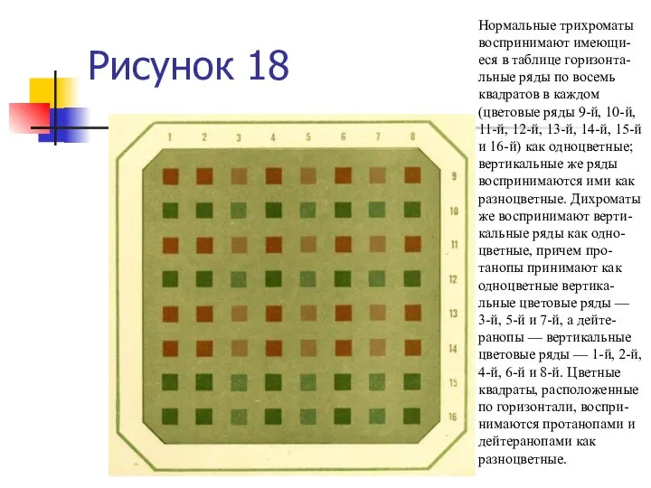 Рисунок 18 Нормальные трихроматы воспринимают имеющи-еся в таблице горизонта-льные ряды по восемь