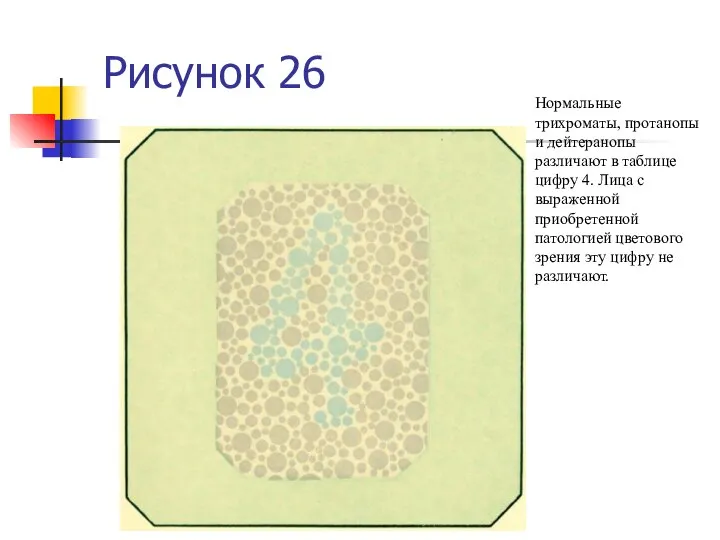 Рисунок 26 Нормальные трихроматы, протанопы и дейтеранопы различают в таблице цифру 4.