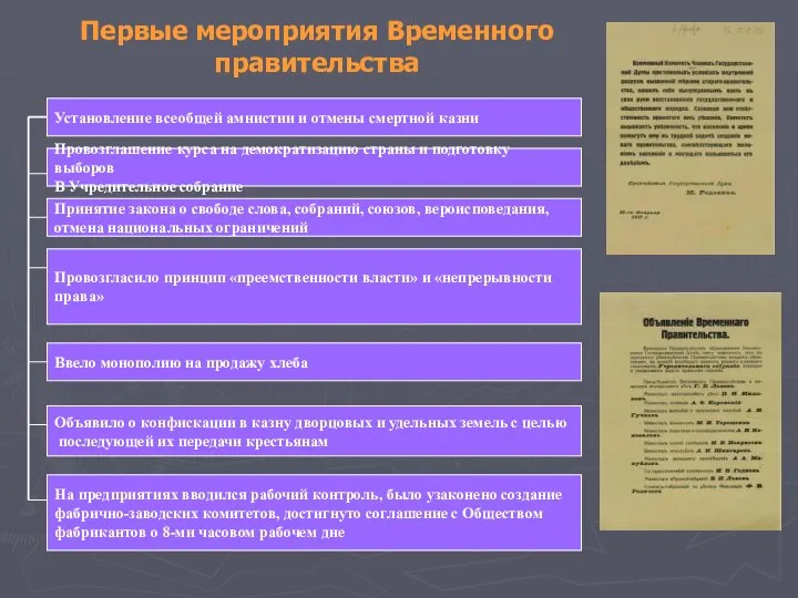 Первые мероприятия Временного правительства Установление всеобщей амнистии и отмены смертной казни Провозглашение