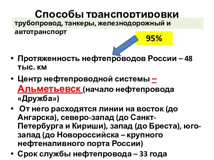 Способы транспортировки Протяженность нефтепроводов России – 48 тыс. км Центр нефтепроводной системы