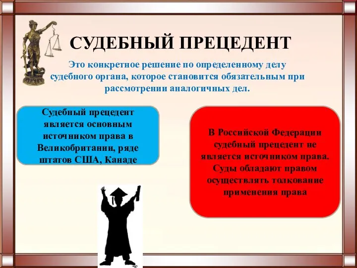 Это конкретное решение по определенному делу судебного органа, которое становится обязательным при