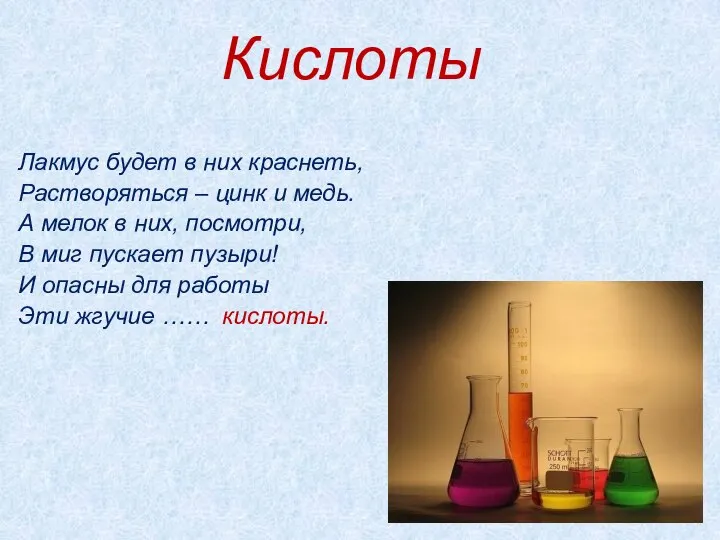 Кислоты Лакмус будет в них краснеть, Растворяться – цинк и медь. А