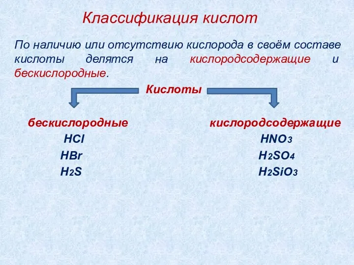 Классификация кислот По наличию или отсутствию кислорода в своём составе кислоты делятся