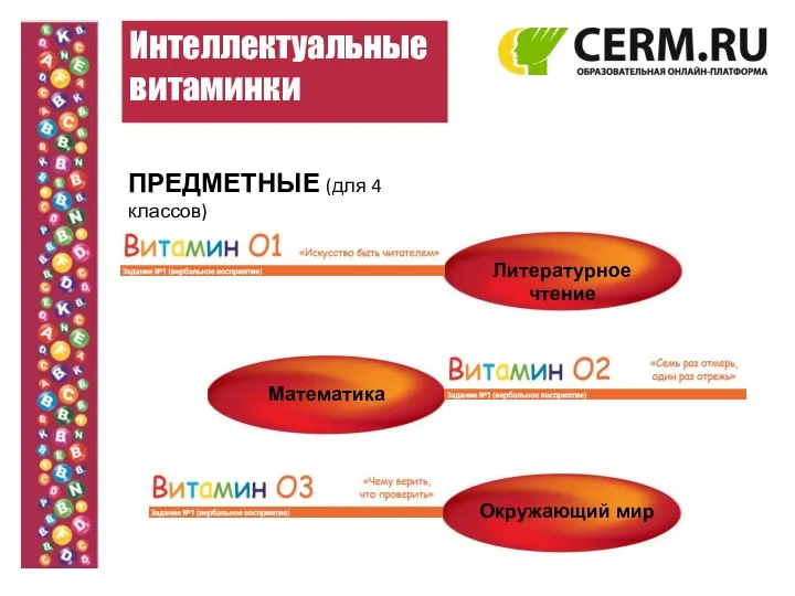 Интеллектуальные витаминки ПРЕДМЕТНЫЕ (для 4 классов) Литературное чтение Математика Окружающий мир