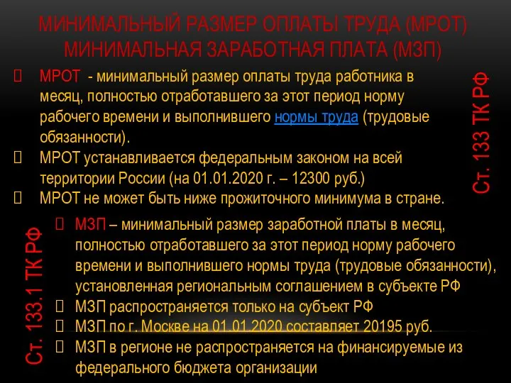 МИНИМАЛЬНЫЙ РАЗМЕР ОПЛАТЫ ТРУДА (МРОТ) МИНИМАЛЬНАЯ ЗАРАБОТНАЯ ПЛАТА (МЗП) МРОТ - минимальный