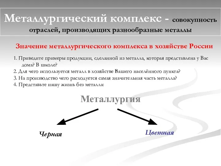 Металлургический комплекс - совокупность отраслей, производящих разнообразные металлы Металлургия Черная Цветная Значение