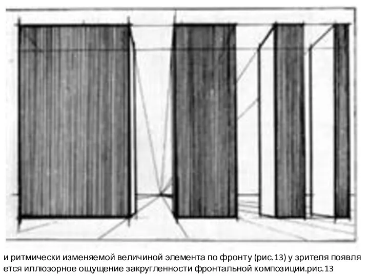 рис.13 и ритмически изме­няемой величиной элемента по фронту (рис.13) у зрителя появля­ется