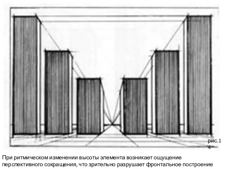 рис.14 При ритмическом изменении высо­ты элемента возникает ощущение перспективного сокращения, что зрительно разрушает фронтальное построение (рис.14).