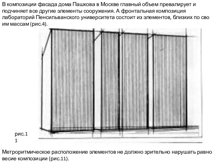 В композиции фасада дома Пашкова в Москве главный объем превалирует и подчиняет