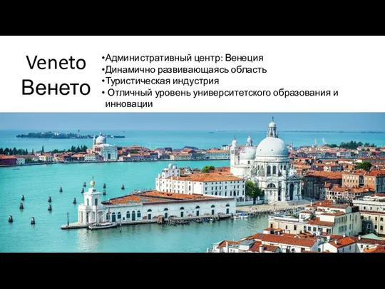 Veneto Венето Административный центр: Венеция Динамично развивающаясь область Туристическая индустрия Отличный уровень университетского образования и инновации