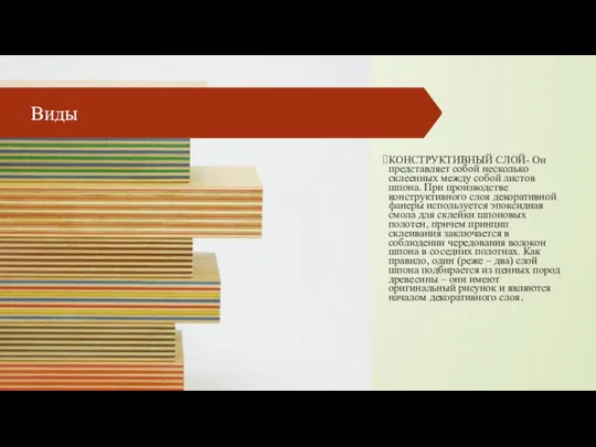 Виды КОНСТРУКТИВНЫЙ СЛОЙ- Он представляет собой несколько склеенных между собой листов шпона.