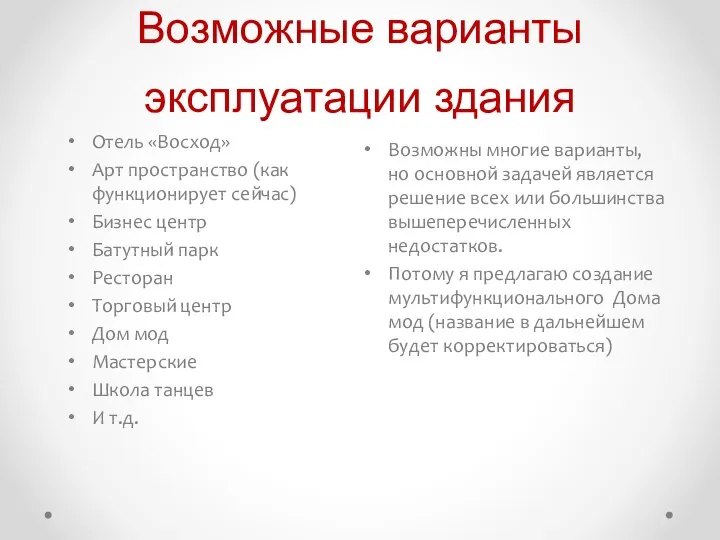 Возможные варианты эксплуатации здания Отель «Восход» Арт пространство (как функционирует сейчас) Бизнес