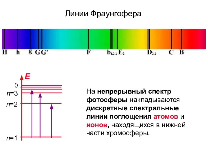 Линии Фраунгофера На непрерывный спектр фотосферы накладываются дискретные спектральные линии поглощения атомов