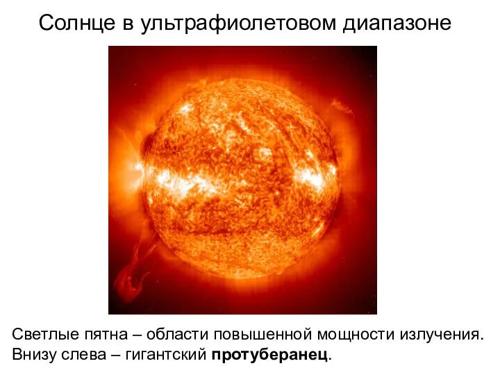 Солнце в ультрафиолетовом диапазоне Светлые пятна – области повышенной мощности излучения. Внизу слева – гигантский протуберанец.