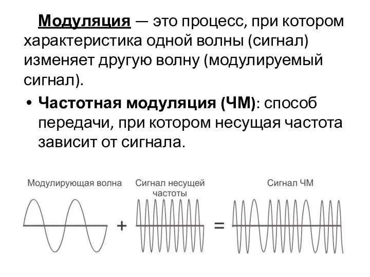 Модуляция — это процесс, при котором характеристика одной волны (сигнал) изменяет другую