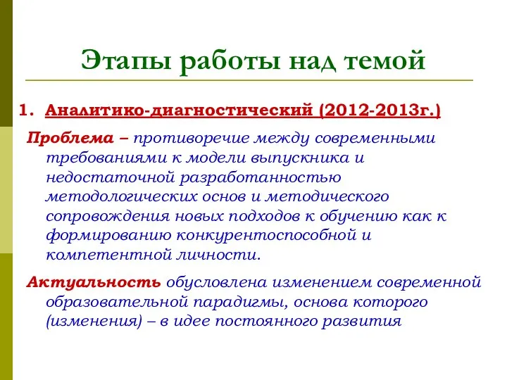 Этапы работы над темой Аналитико-диагностический (2012-2013г.) Проблема – противоречие между современными требованиями