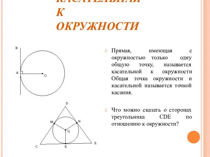 КАСАТЕЛЬНАЯ К ОКРУЖНОСТИ Прямая, имеющая с окружностью только одну общую точку, называется