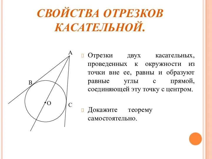 СВОЙСТВА ОТРЕЗКОВ КАСАТЕЛЬНОЙ. Отрезки двух касательных, проведенных к окружности из точки вне