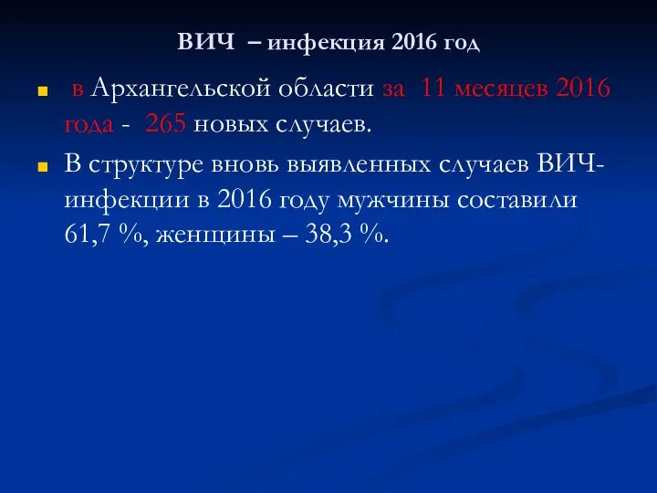 ВИЧ – инфекция 2016 год в Архангельской области за 11 месяцев 2016