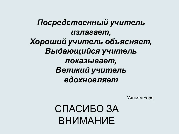 Посредственный учитель излагает, Хороший учитель объясняет, Выдающийся учитель показывает, Великий учитель вдохновляет