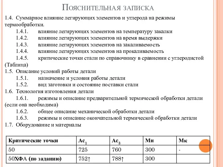 Пояснительная записка 1.4. Суммарное влияние легирующих элементов и углерода на режимы термообработки.