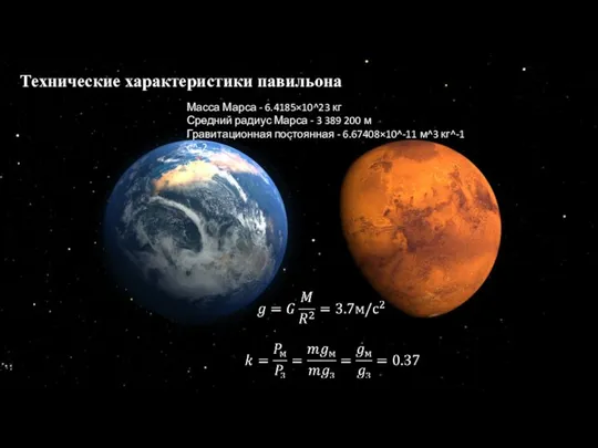 Технические характеристики павильона Масса Марса - 6.4185×10^23 кг Средний радиус Марса -