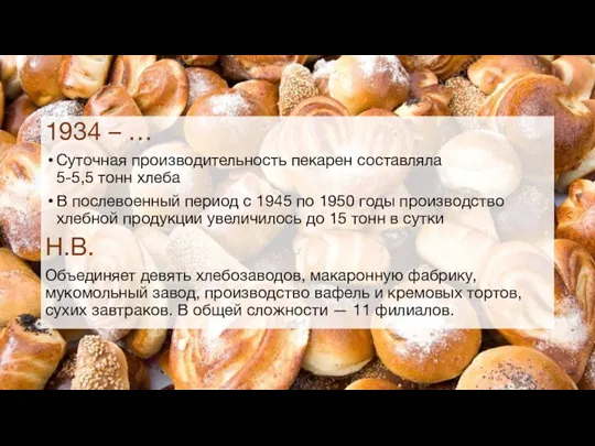 1934 – … Суточная производительность пекарен составляла 5-5,5 тонн хлеба В послевоенный