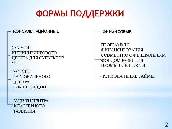 ФОРМЫ ПОДДЕРЖКИ ФИНАНСОВЫЕ КОНСУЛЬТАЦИОННЫЕ ПРОГРАММЫ ФИНАНСИРОВАНИЯ СОВМЕСТНО С ФЕДЕРАЛЬНЫМ ФОНДОМ РАЗВИТИЯ ПРОМЫШЛЕННОСТИ