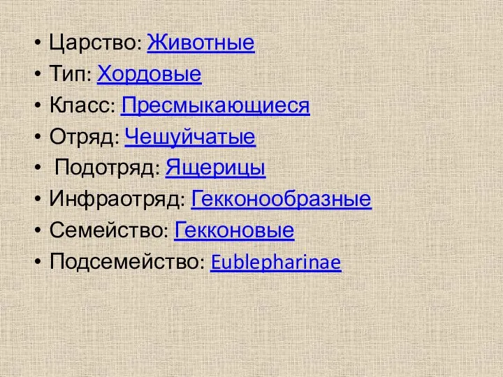 Царство: Животные Тип: Хордовые Класс: Пресмыкающиеся Отряд: Чешуйчатые Подотряд: Ящерицы Инфраотряд: Гекконообразные Семейство: Гекконовые Подсемейство: Eublepharinae