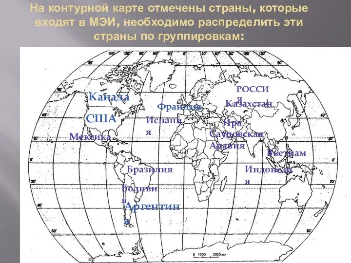 На контурной карте отмечены страны, которые входят в МЭИ, необходимо распределить эти