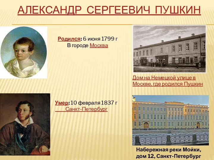 АЛЕКСАНДР СЕРГЕЕВИЧ ПУШКИН Дом на Немецкой улице в Москве, где родился Пушкин