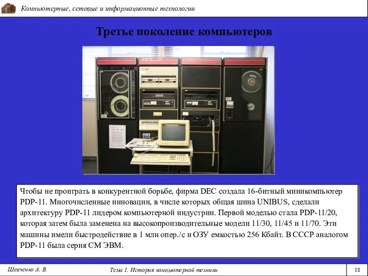 Компьютерные, сетевые и информационные технологии Тема 1. История компьютерной техники 18 Третье