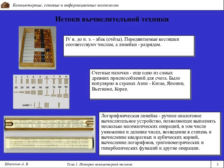 Компьютерные, сетевые и информационные технологии Тема 1. История компьютерной техники 3 Истоки