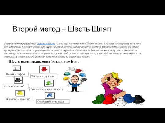 Второй метод – Шесть Шляп Второй метод разработал Эдвард де Боно. Он