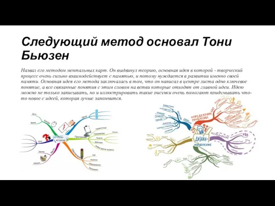 Следующий метод основал Тони Бьюзен Назвал его мeтодом мeнтальных карт. Он выдвинул