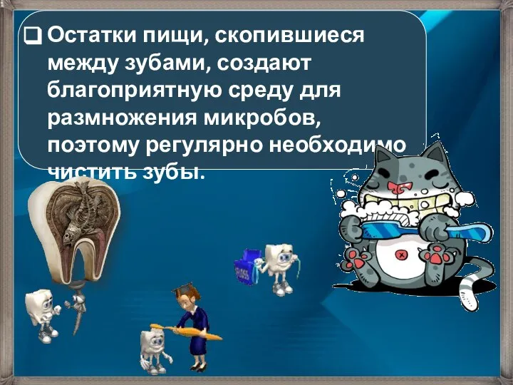 Остатки пищи, скопившиеся между зубами, создают благоприятную среду для размножения микробов, поэтому регулярно необходимо чистить зубы.