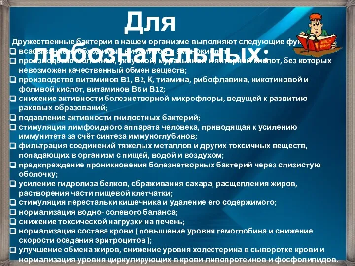 Дружественные бактерии в нашем организме выполняют следующие функции: всасывание необходимых витаминов и