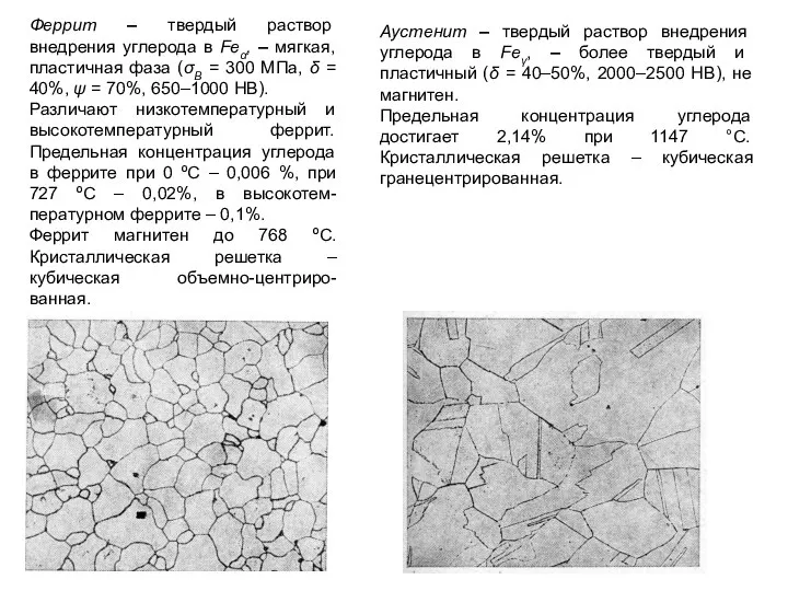 Феррит – твердый раствор внедрения углерода в Feα, – мягкая, пластичная фаза