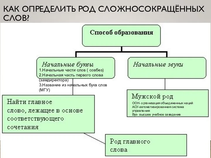 КАК ОПРЕДЕЛИТЬ РОД СЛОЖНОСОКРАЩЁННЫХ СЛОВ? ООН- организация объединенных наций АСУ-автомотизированная система управления