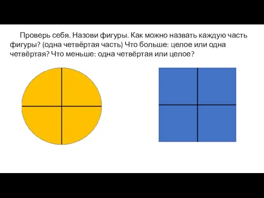 Проверь себя. Назови фигуры. Как можно назвать каждую часть фигуры? (одна четвёртая