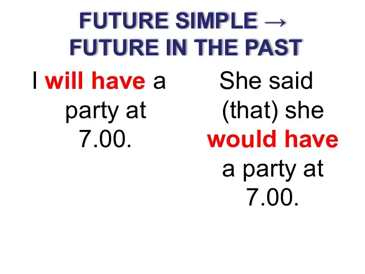 FUTURE SIMPLE → FUTURE IN THE PAST I will have a party