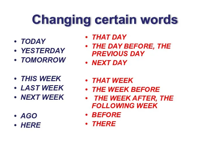 Changing certain words TODAY YESTERDAY TOMORROW THIS WEEK LAST WEEK NEXT WEEK
