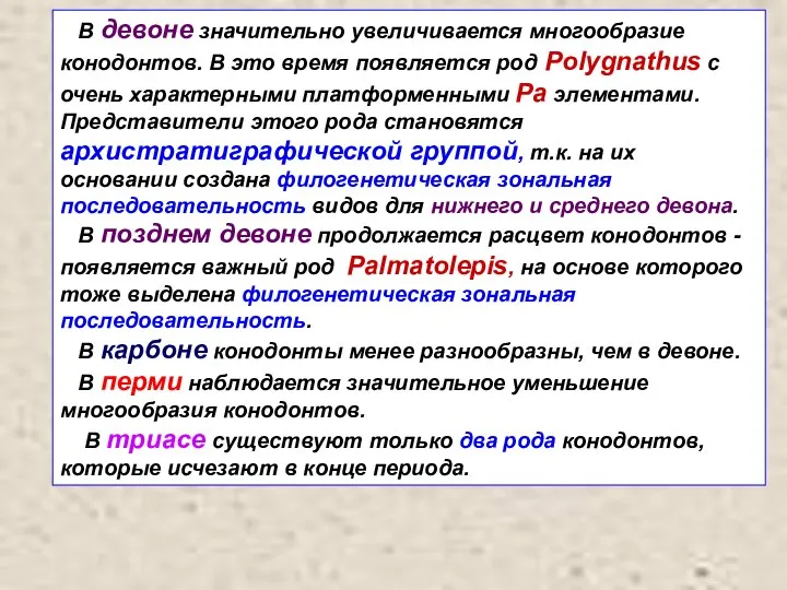 В девоне значительно увеличивается многообразие конодонтов. В это время появляется род Polygnathus